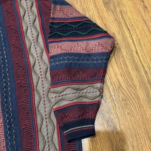 Cotton Traders Sweater Mens Large Vintage Coogi Style 3D Knit 90s Red Blue Tan - Picture 4 of 8